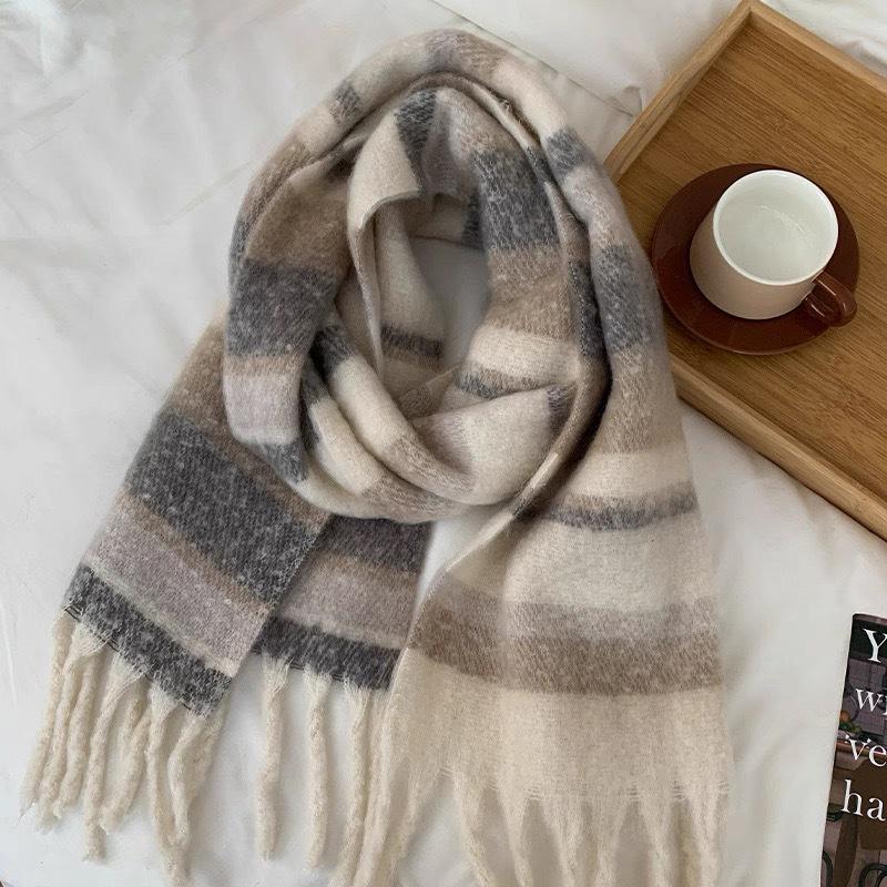 Korean Style Imitation Cashmere Plaid Scarf - Women's Warm, Thick, and Versatile Neck Warmer for Fall and Winter.