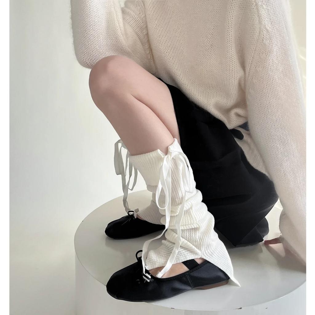 Solid Color Knitted Women Leg Warmers Sweet Girls Bow Long Socks Stockings Knitted Foot Cover JK Lolita Kawaii Cute Leg Warmers