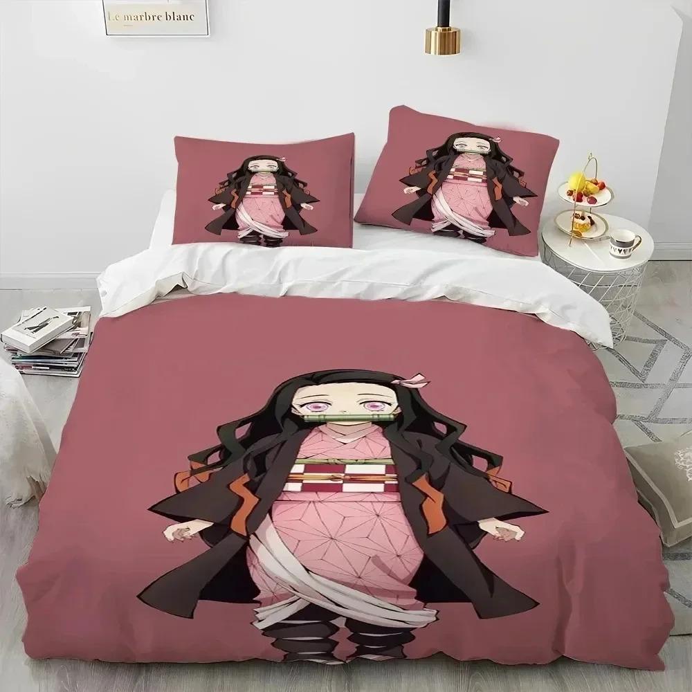 Conjunto de Roupa de Cama Dupla Infantil com Capa de Edredom e Fronhas do Anime Demon Slayer - Venda Quente 3D - Decoração de Quarto de Casa - Presente para Meninos Meninas