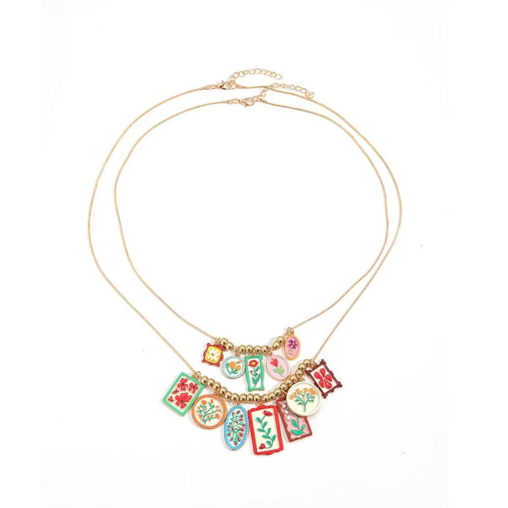 Metal Chain Enamel Floral Necklace Gold Layered Multi Layer Choker Charm Colorful Bohemian Collarbone Chain Spring/Summer WHITE&35cm