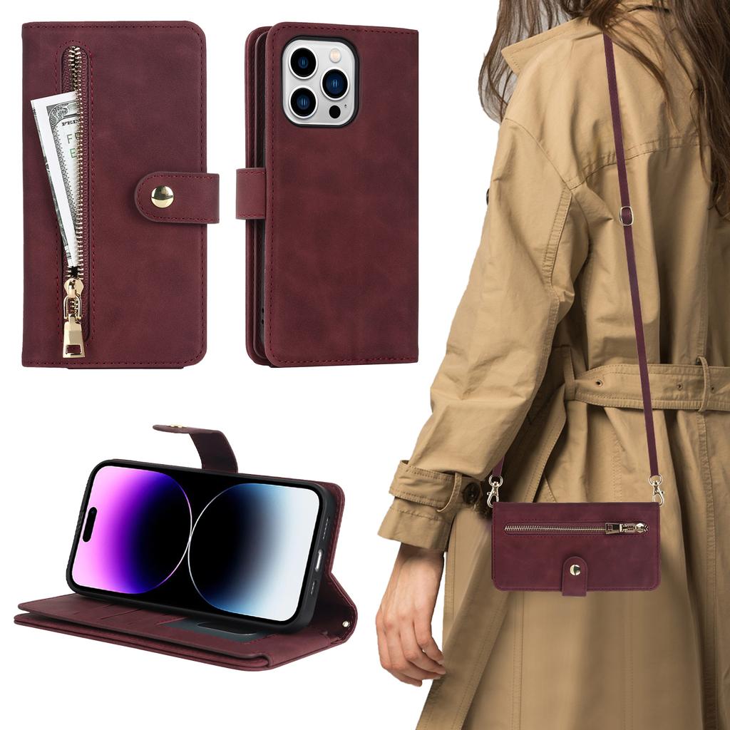 Crossbody Zipper Cards Bag Wallet Leather Case For iPhone 15 Pro Max 14 Plus 13 12 Mini 11 XR 7 8 SE 2022 Purse Pocket Lanyard