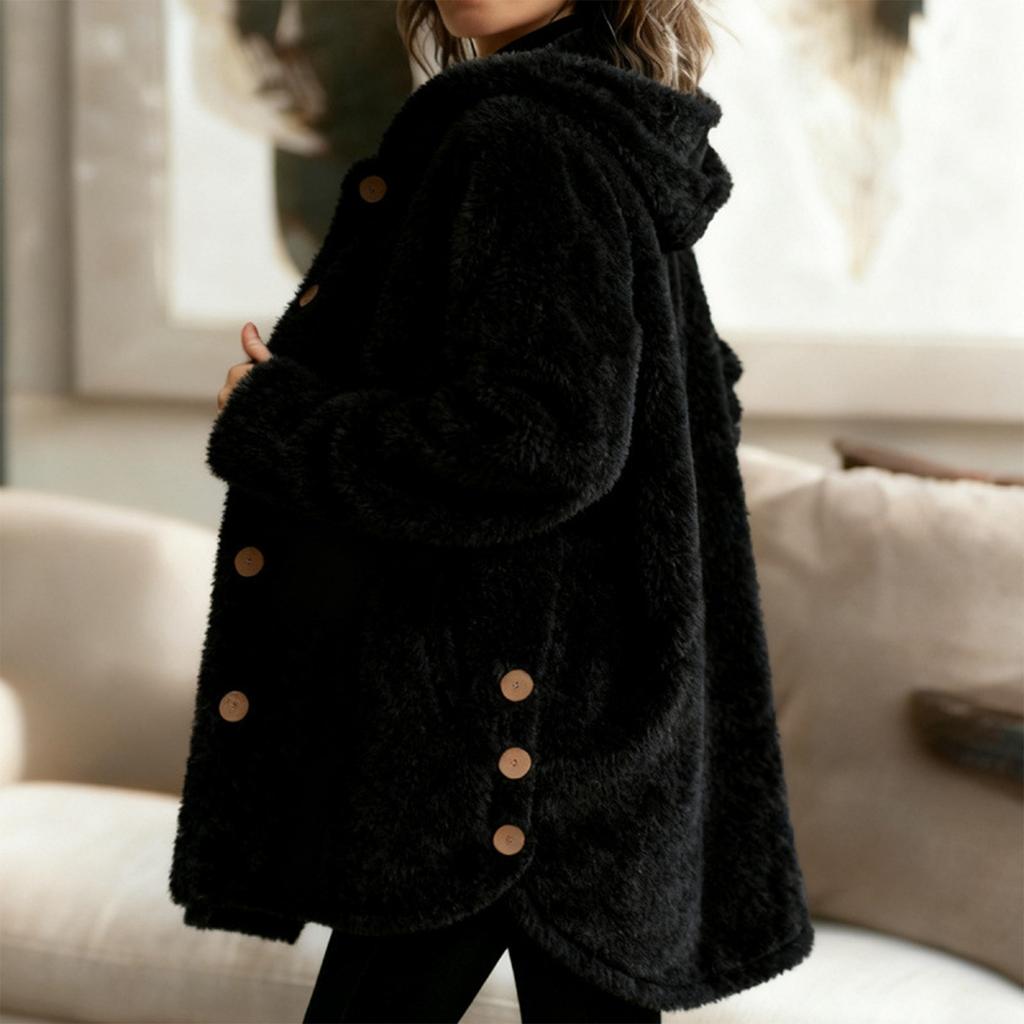 Women's Fashion Fuzzy Color Button Pocket Hooded Long Sleeve Loose Warm Jacket