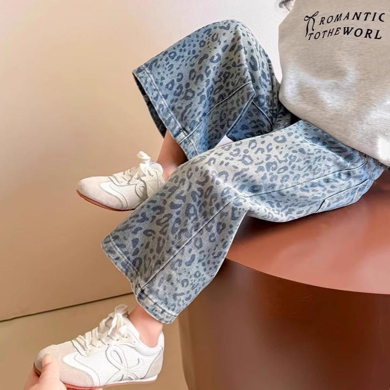 Girls Jeans Autumn Spring Leopard Pants for Kids Fashion Children Wide-leg Pants Toddler Trousers Casual Baby Clothing