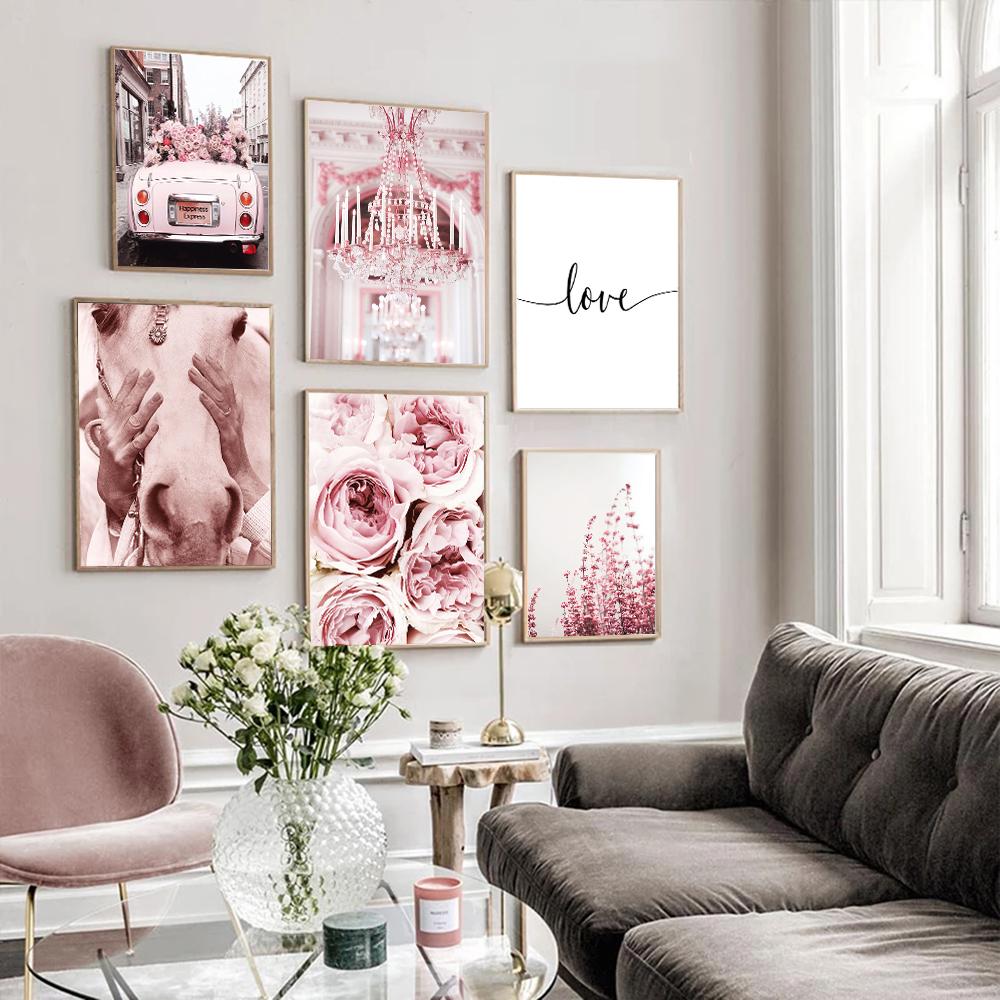 Città moderna Scenario rosa Pittura su tela Wall Art Poster e stampe Fiore di Begonia Retro Car Bike Immagini per la decorazione del soggiorno