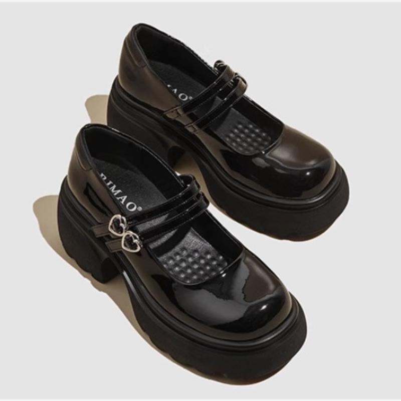 2024 High Quality Fashionable Round Toe Solid Color Shallow Mouth Leather One-line Buckle Strap Thick Heel Women's High Heels