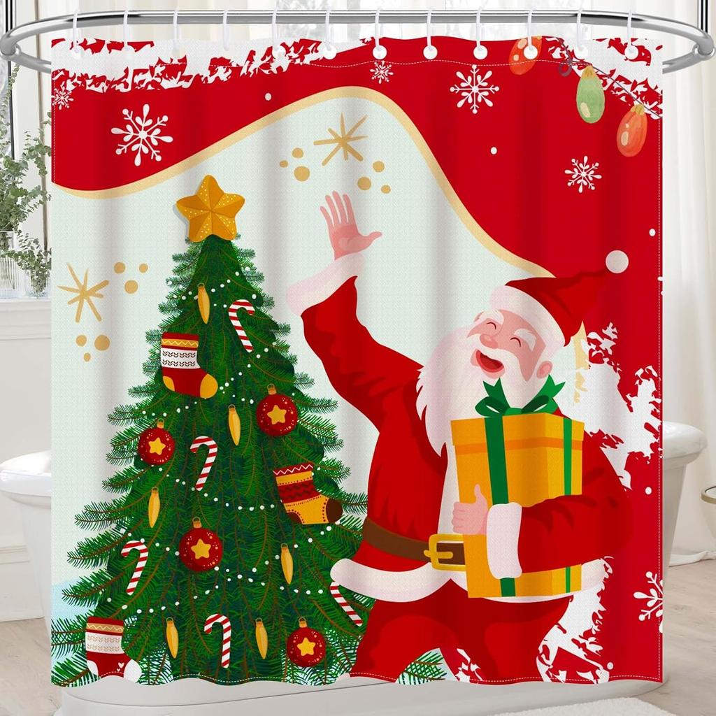 Christmas Shower Curtain For Bathroom Santa Claus Xmas Snowman Cute Red Funny Aesthetic Fabric Waterproof Bathroom Shower