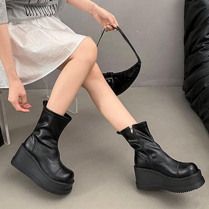 Fashion Women's Platform Ankle Boots Round Head Female Autumn Gothic High Heels Women's Short Boots Wedges Side Zipper Botines De Mujer