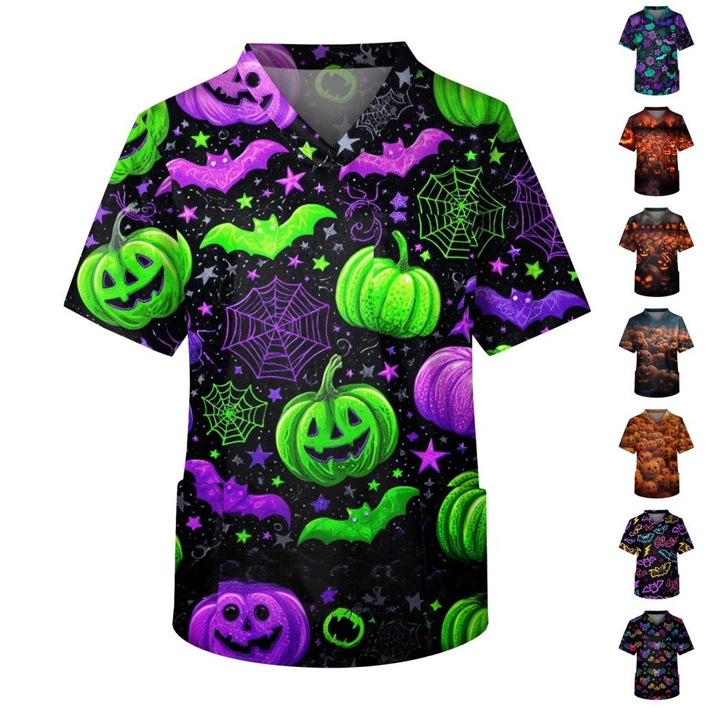 Men's Short Sleeve V-Neck Halloween Print Chest Pocket Care Top