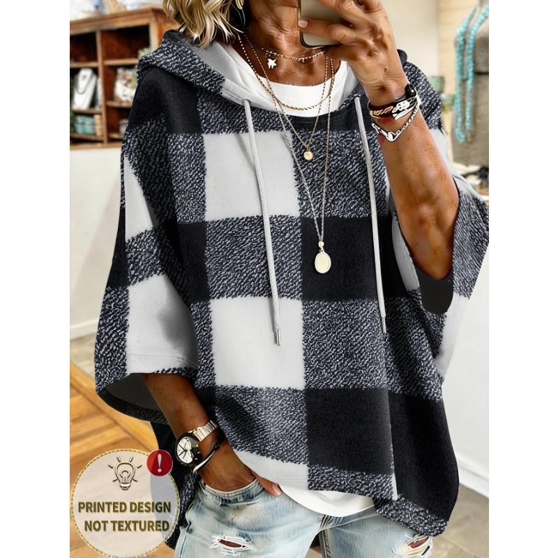 Karomuster Patchwork Kapuzenpullover, Damen Europäisch und Amerikanisch Sieben Viertel Ärmel Lässig Lockerer Hoodie