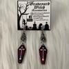 Gothic Coffin Earrings with Red Enamel and Black Stone - Cross, Halloween Alternative Jewelry