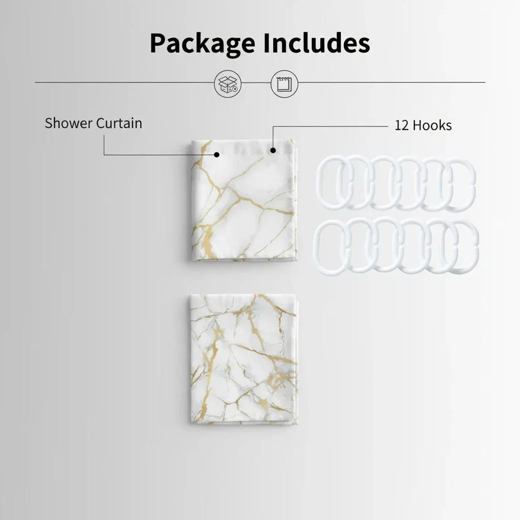 Tenda da Doccia Impermeabile in Poliestere con 12 Ganci - Design Marmo Bianco e Dorato, Accessorio Arredamento Bagno Casa