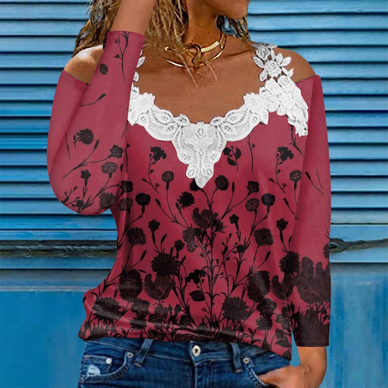 

Модный кружевной пуловер с V-образным вырезом, длинный рукав, цветочный принт, повседневная футболка XXL