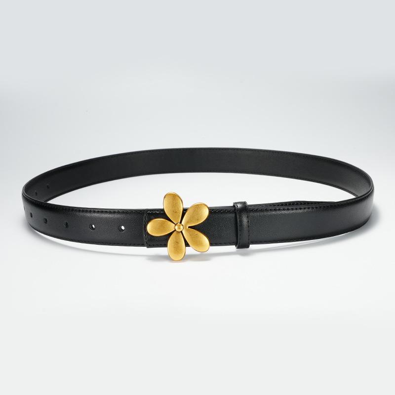 Women's Belts Flowers Fashion Decorative Belt Women's Decorative Dress Black Two-layer Cowhide Belt