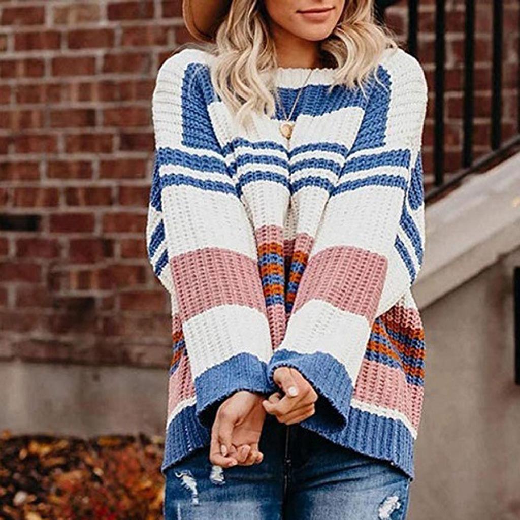 Women's Long Sleeve  Striped Color Block Casual Loose Knitted Pullover