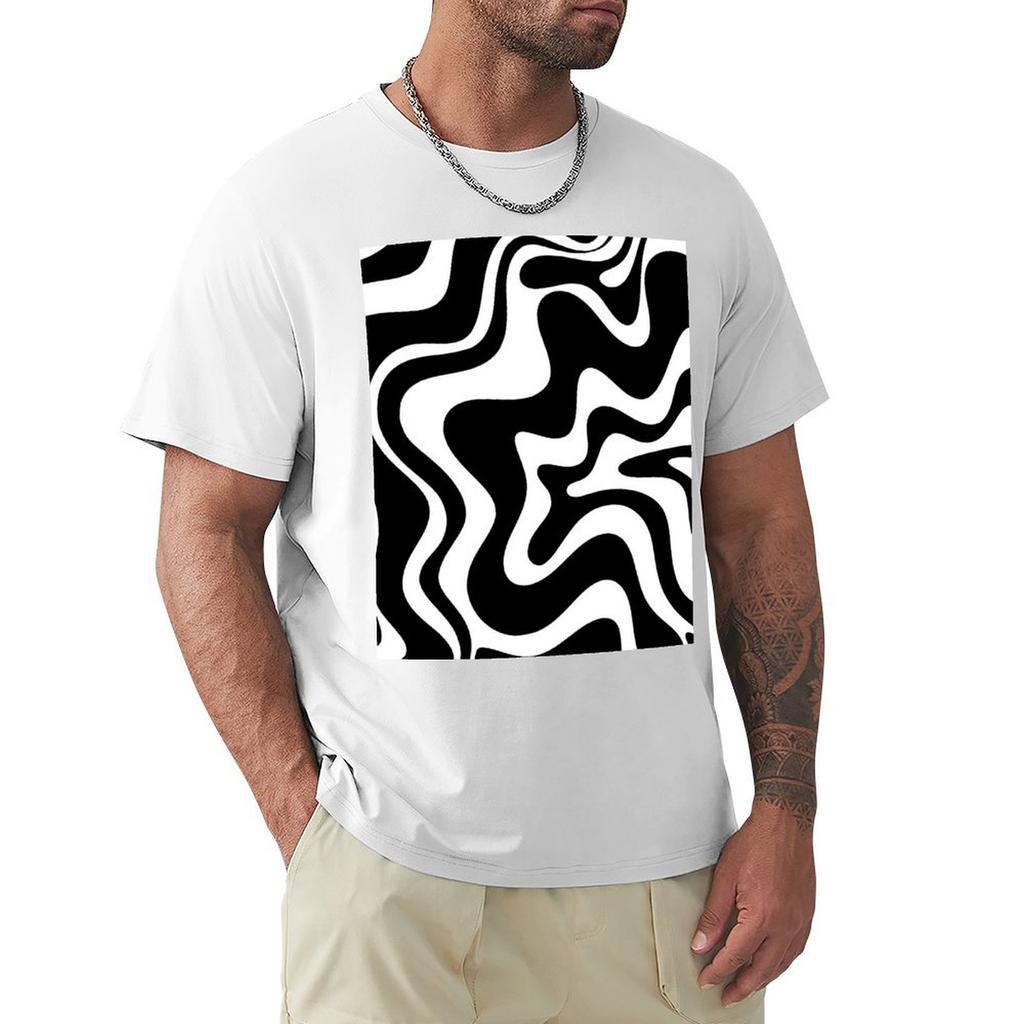 Flüssiges Wirbel-Retro-Abstraktmuster in Schwarz-Weiß T-Shirt Urlaubs-Party-T-Shirt für Unisex