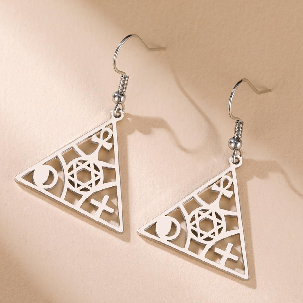 Dawapara Symbolic Triangle Earrings Hexagram Ankh Cross Moon Religious Symbols Protection Amulet Stainless Steel Dangle Earrings