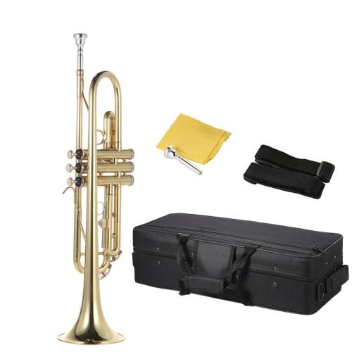 Juspins Trumpet Bb Flat, Brass Gold Finish, Exquisite and Durable Instrument with Mouthpiece, Gloves, Strap, and Case