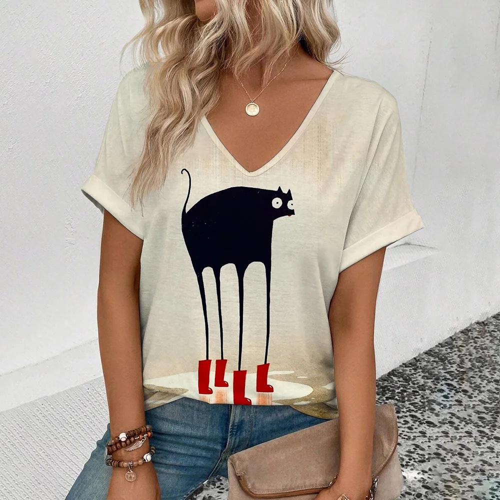 Women's Retro T Shirt Anime Cat Graphic Girl Clothes Summer V-Neck Short Sleeve Tees Female Harajuku Streetwear Oversized Blouse