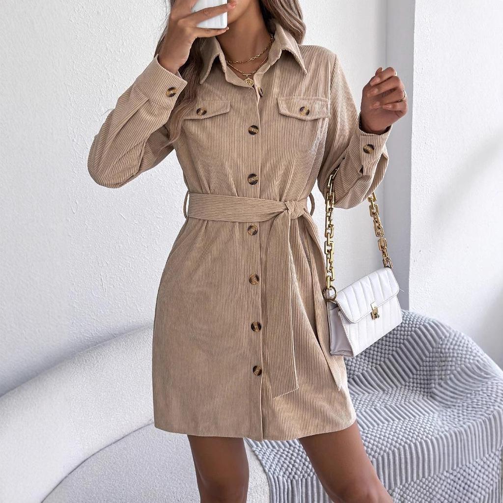 Women's Casual Solid Color Corduroy Shirt Dress with Belt - Long-Sleeve, Single-Breasted