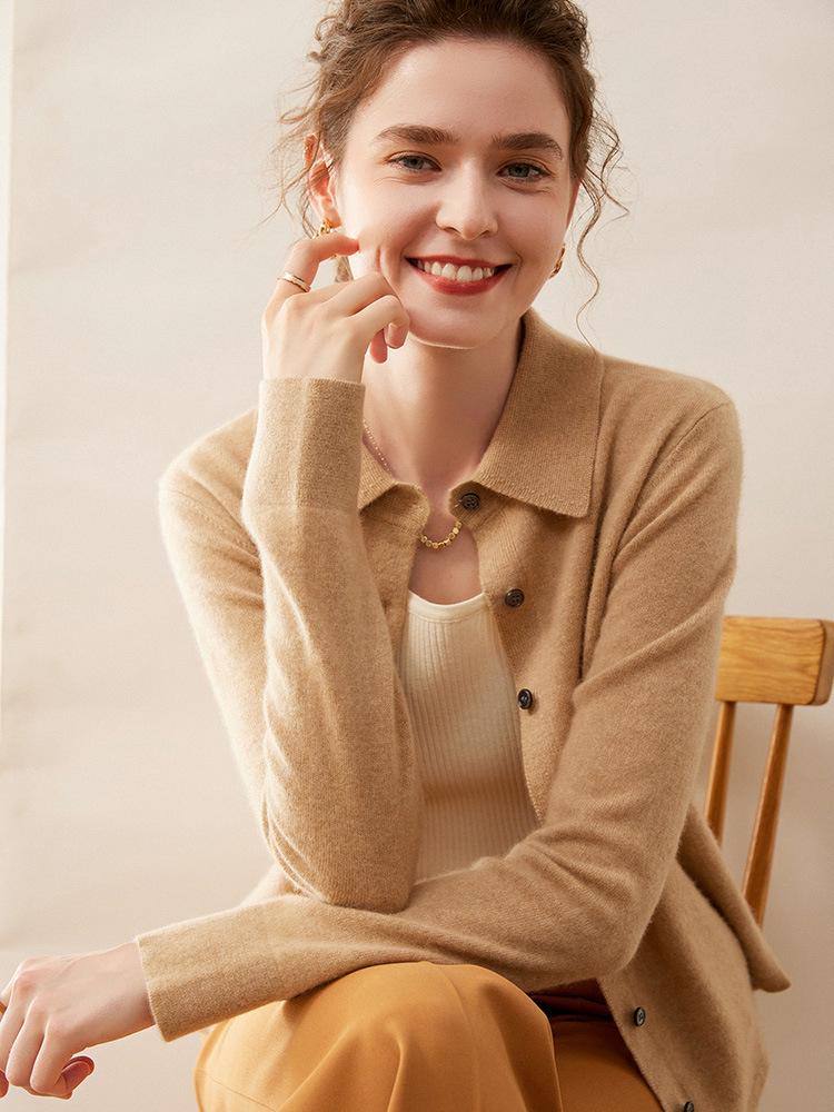 Women's Cashmere Polo Collar Knit Cardigan Sweater - Long Sleeve Lapel Knit Top