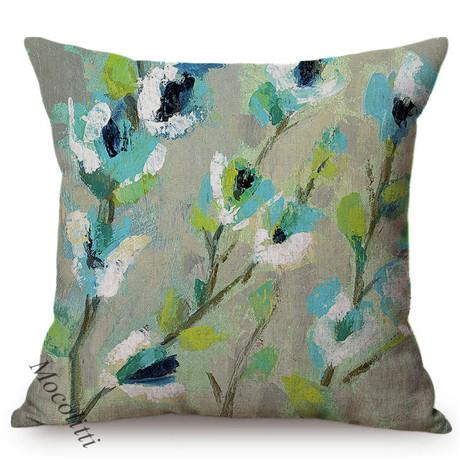 Spring Decoration Blue Flower Blue Birch Cherry Dogwood Blossoms Branch Oil Painting Design Cushion Cover Sofa Throw Pillow Case