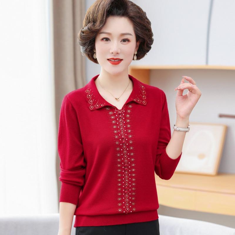 Mom Spring New Long-sleeved T-shirt Casual Age 0 Women's Clothes Medium Women's Spring Lapel Top