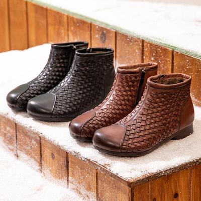 2025 Autumn/Winter Vintage Woven Cowhide Ankle Boots: Genuine Leather, Thick Sole, Zipper, Handmade Women's Fashion