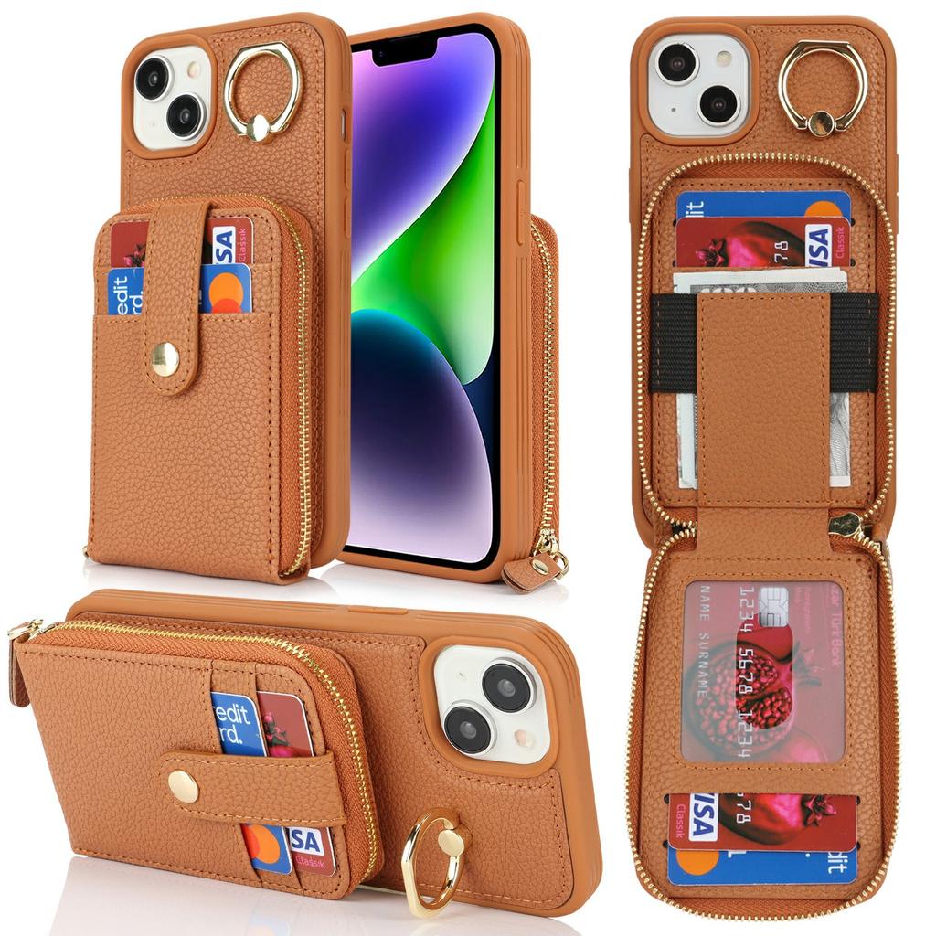 For iPhone 15 Plus/14 Plus Case with Zipper Pouch/Ring Kickstand/Strap Litchi Texture PU+TPU Phone Cover