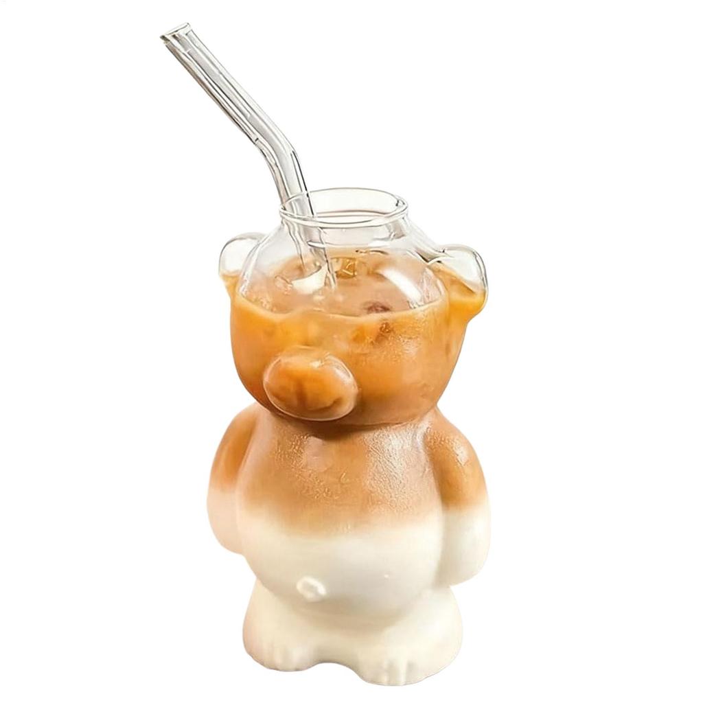 Niedliche Gläser Cartoon Bär Klares Trinkglas mit Strohhalm Cartoon Bärförmige Kaffeetasse Bär Tasse Glasbecher für Eistee Heißen Tee Milch
