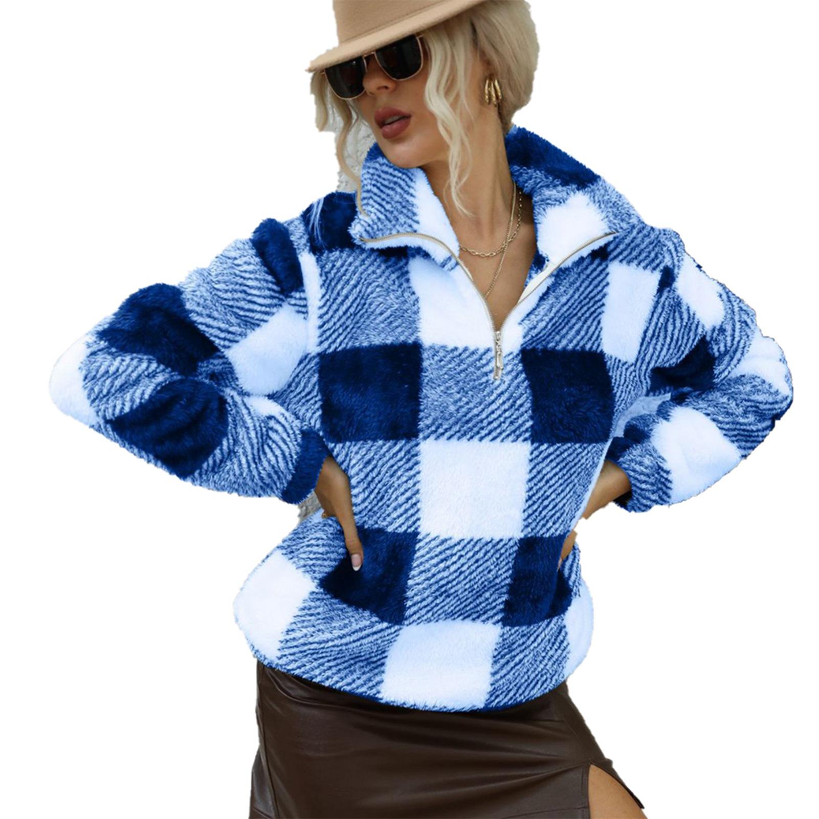 

Клетчатое пушистое пальто-пуловер с длинным рукавом, отложным воротником и четвертной молнией, мягкий флис большого размера в клетку M синий