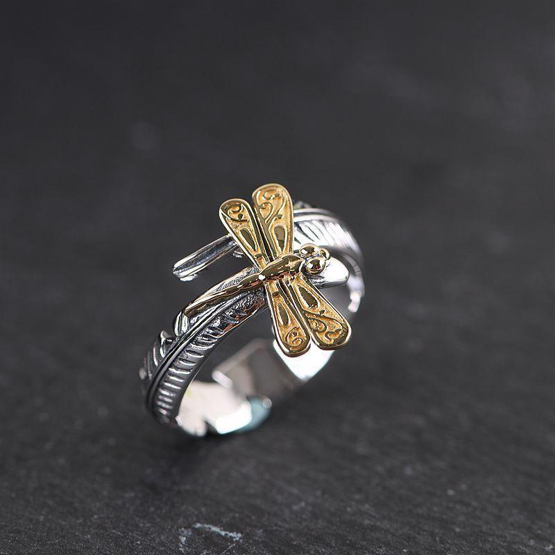 Adjustable Open Ring Men Women Vintage Style Gold Plated Dragonfly Feather Design Statement Jewelry