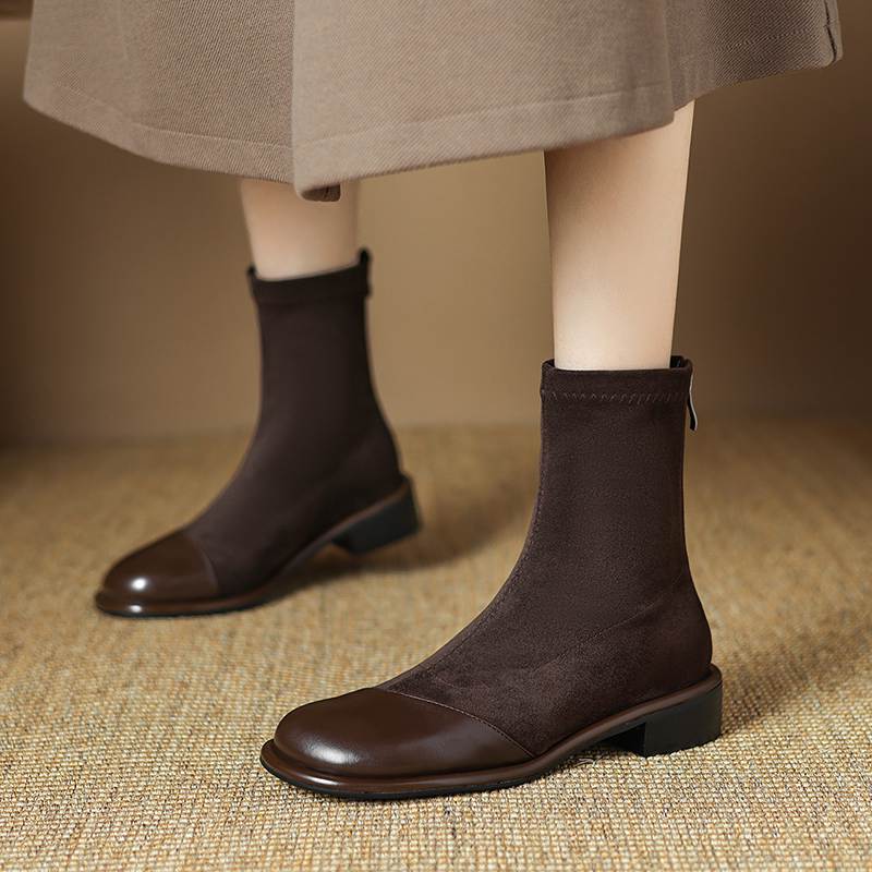 Krazing Pot Flock Autumn Winter Shoes Low Heels Size 43 Stretch Boots Back Patch Work Street Wear Elastic Ankle Boots