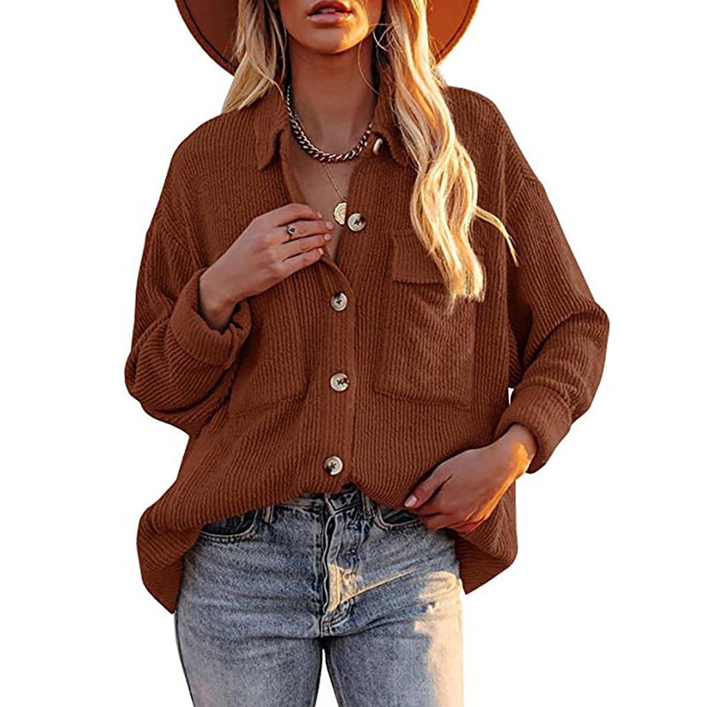 Women's  And Winter Loose Corduroy Lapel Double Pockets Long-Sleeved Shirt Jacket