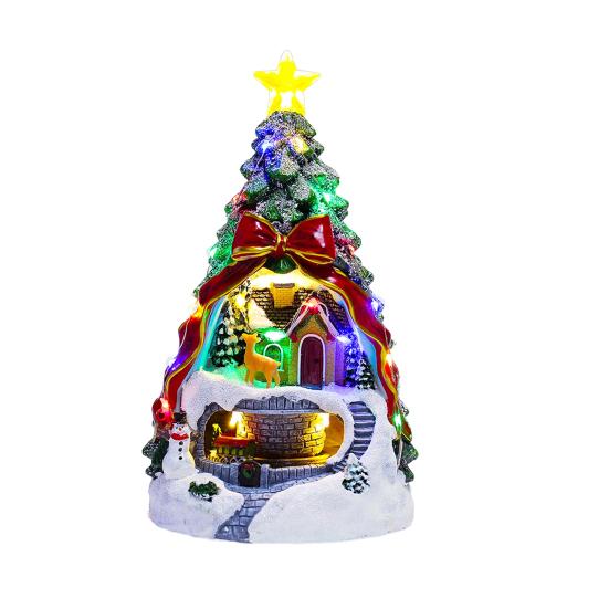 Sat de Crăciun cu Brad, Figurine Luminoase cu Trenul lui Moș Crăciun care se învârte, Cântă 8 Colinde, Decor Scenă de Iarnă Pictat Manual, Cadou pentru Prieteni