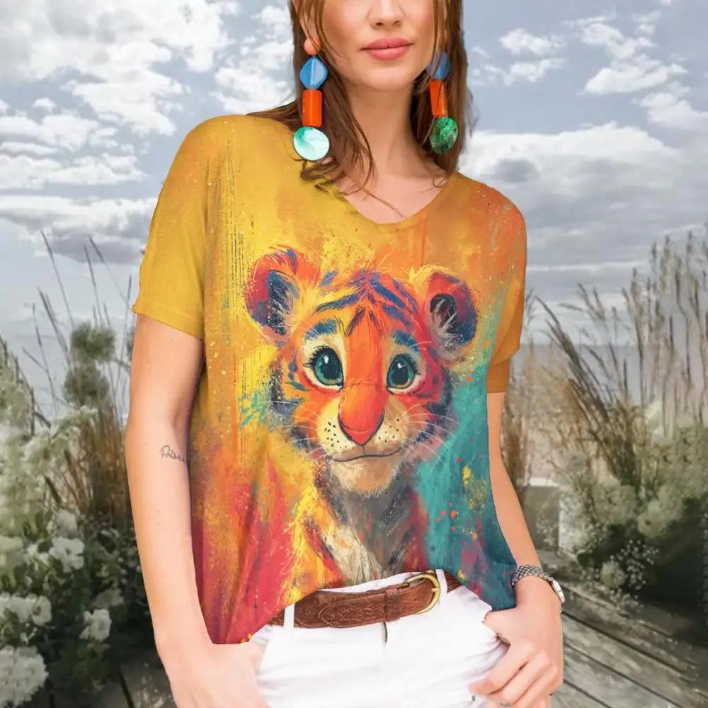 Summer Women Fashion V-Neck T-shirt Casual Cartoon Cat Tops Tees Female Colorful Short Sleeve Clothing Ladies Vintage Streetwear