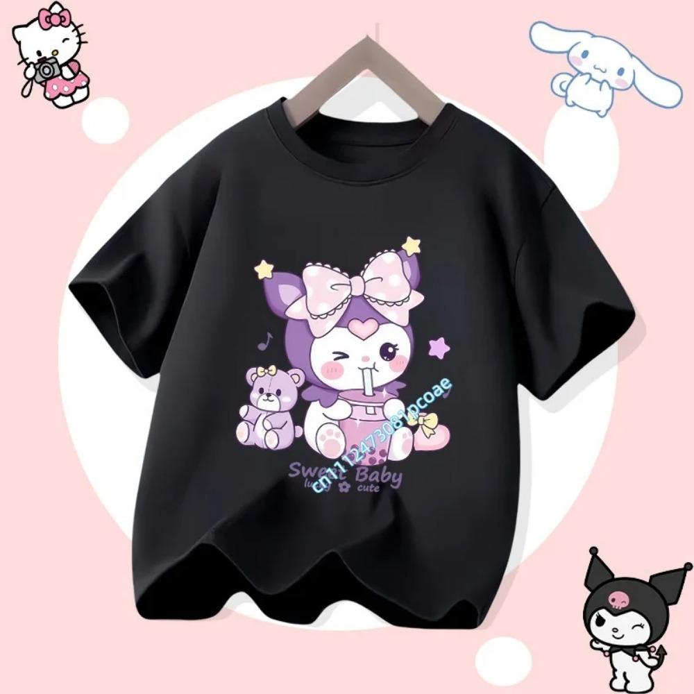 2026 Summer New Soft Cute Kuromi Cartoon Printed Children's T-shirt Loose Casual Round Neck Parent-child Outfit Short Sleeved