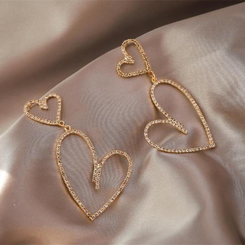 Diamond-Filled Heart-Shaped Long Stud Earrings Metallic And Heart-Shaped Earrings Gold And Silver Earrings