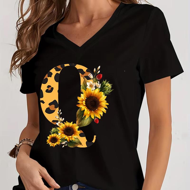 Women's V-Neck T-Shirt Sunflower Leopard Print Letter B Tee Top Floral Animal Print Initial Casual Tee A-Z 26 Alphabet Clothes