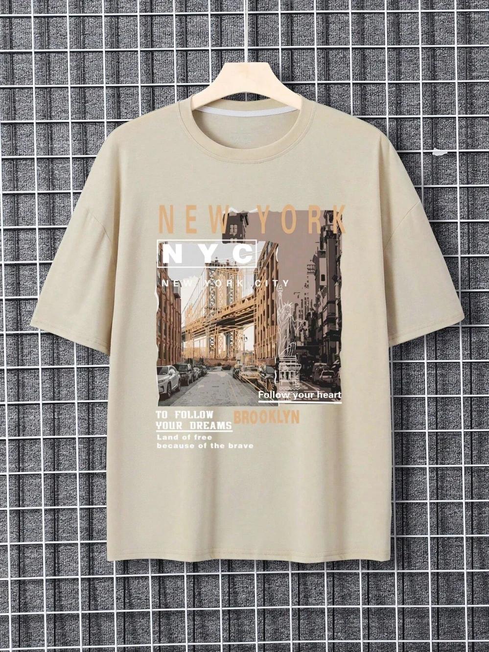 

Вид на улицу Бруклина, Нью-Йорк Мужская одежда большого размера Высококачественная уличная мода Хлопковые топы Повседневная свободная футболка XXXXXL хаки