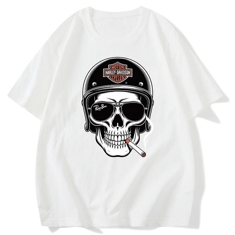 

2026 New Retro Skull Sunglasses Riding Culture Print High Quality Unisexs and Womens TShirts Round Neck Loose Short Sleeves S