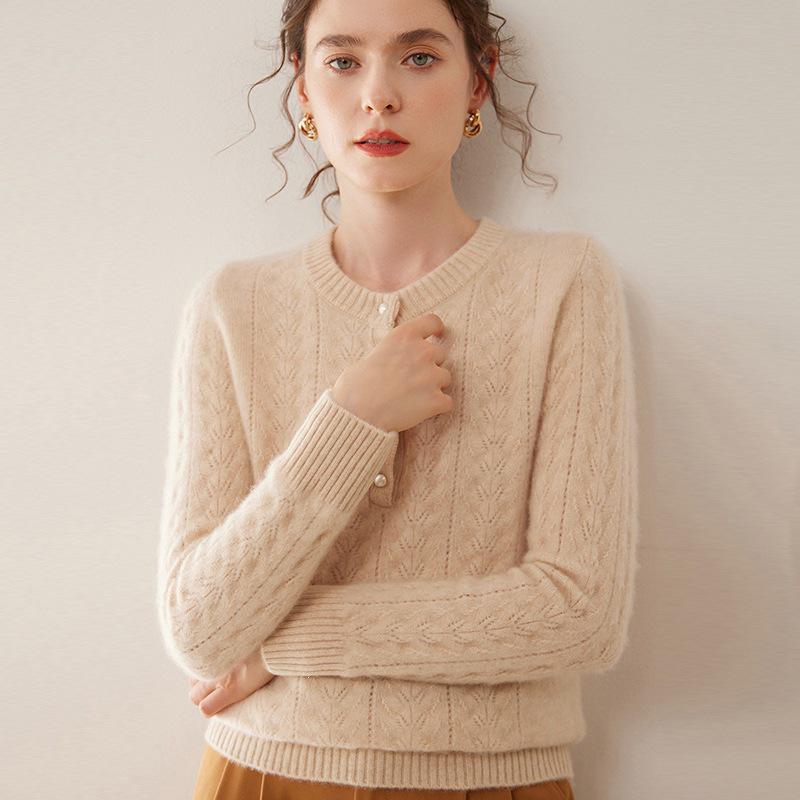 Women's Pure Cashmere Thickened Hollow Round Neck Sweater – Long Sleeve, Warm Knitwear for Autumn and Winter