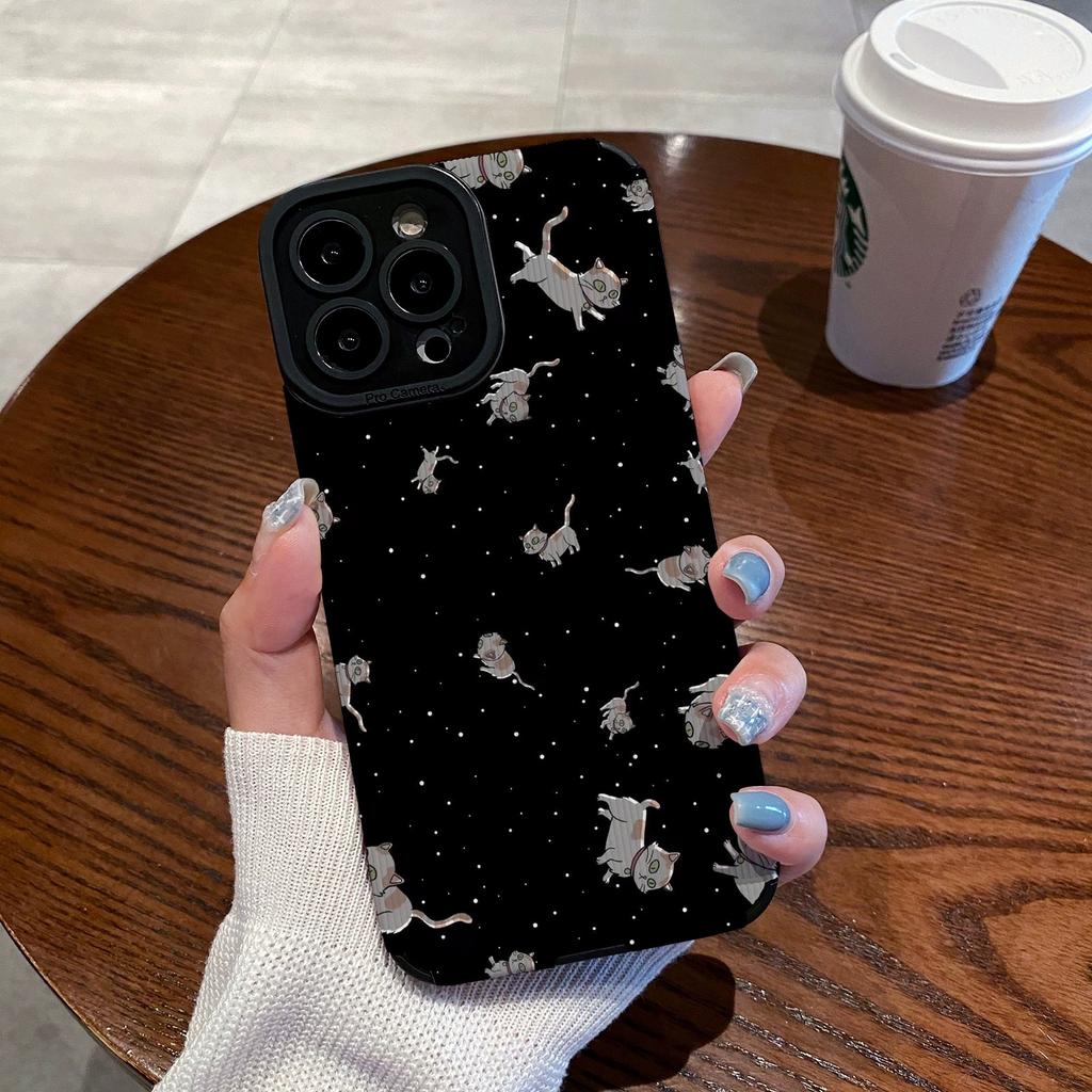 Süße Doodle Nachthimmel Kätzchen Handyhülle für iPhone 13 11 12 14 15 Pro Max Mini SE X XS Max XR 7 8 Plus Silikon Lederhülle