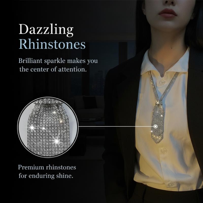 Luxury Adjustable Rhinestone Necktie Double Layer Ties Tassel Ribbon Necktie Unisex