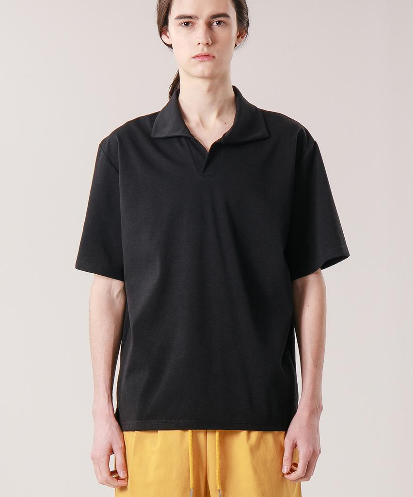 Peullaseukeu Open Collar Pique T-Shirt -Bk