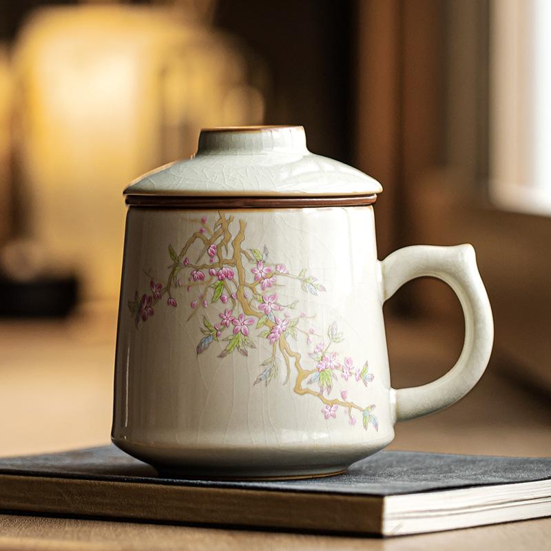 Peach Blossom Spring Yellow Ru Kiln Office Mug with Filter Simple Tea Cup Ceramic Cup Tea Water Separation