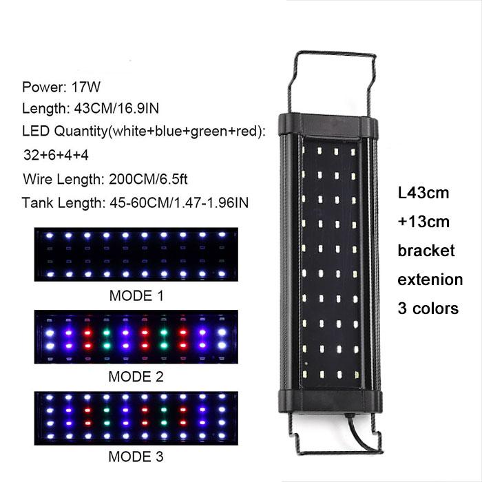 Black Adjustable Multi-Color LED Aquarium Light with Brackets,Full Spectrum LED Fish Tank Lights with White Blue Red Green LEDs