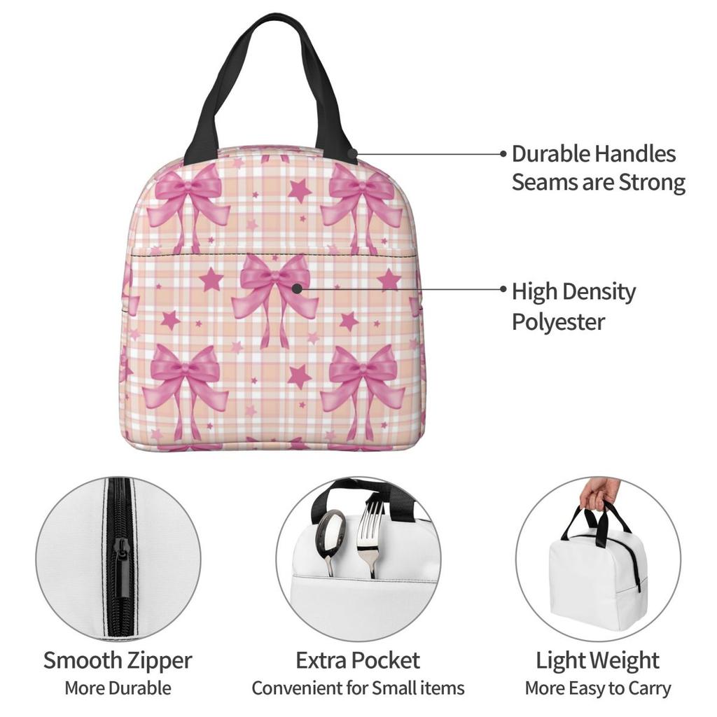 Pink Plaid, Bows And Stars Insulated Lunch Bag for Women Office Cooler Thermal Food Box Tote Portable Lunch Boxes Container