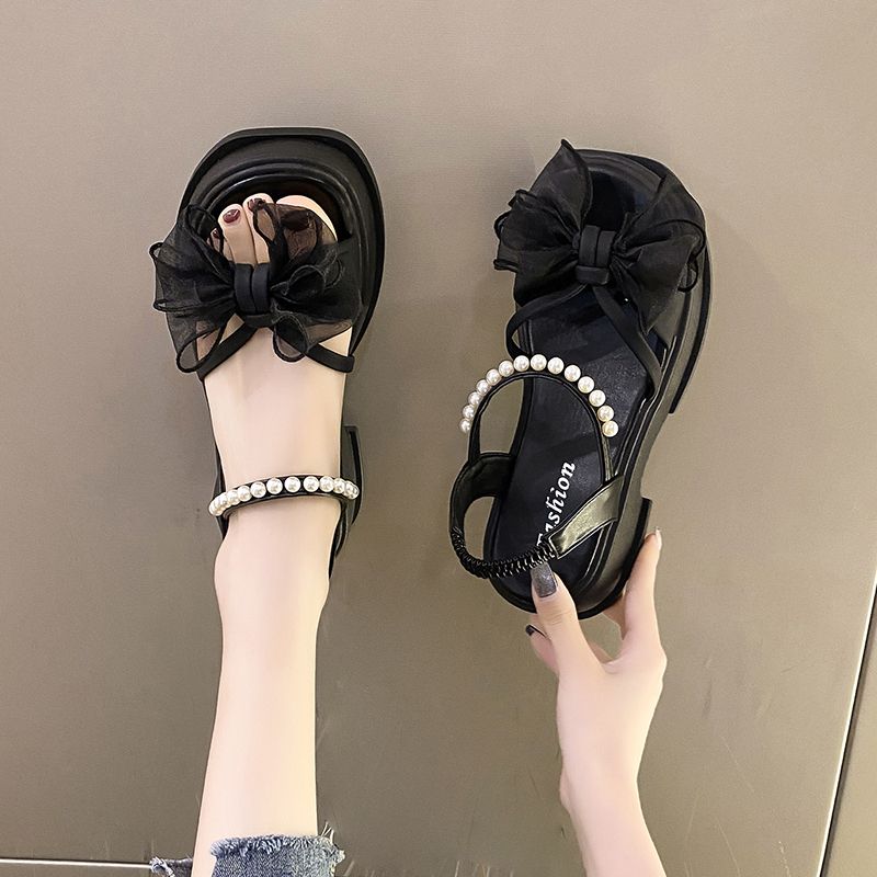 Fashion Wedge With Platform Waterproof High Heels Pearl Bow Women's Sandals Low Price Korea Shoe Summer 2025 Comfortable Ladies Shoes
