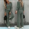 Spot 1116 autumn and winter new European and American fashion solid color casual long sleeves and trousers two-piece set for women
