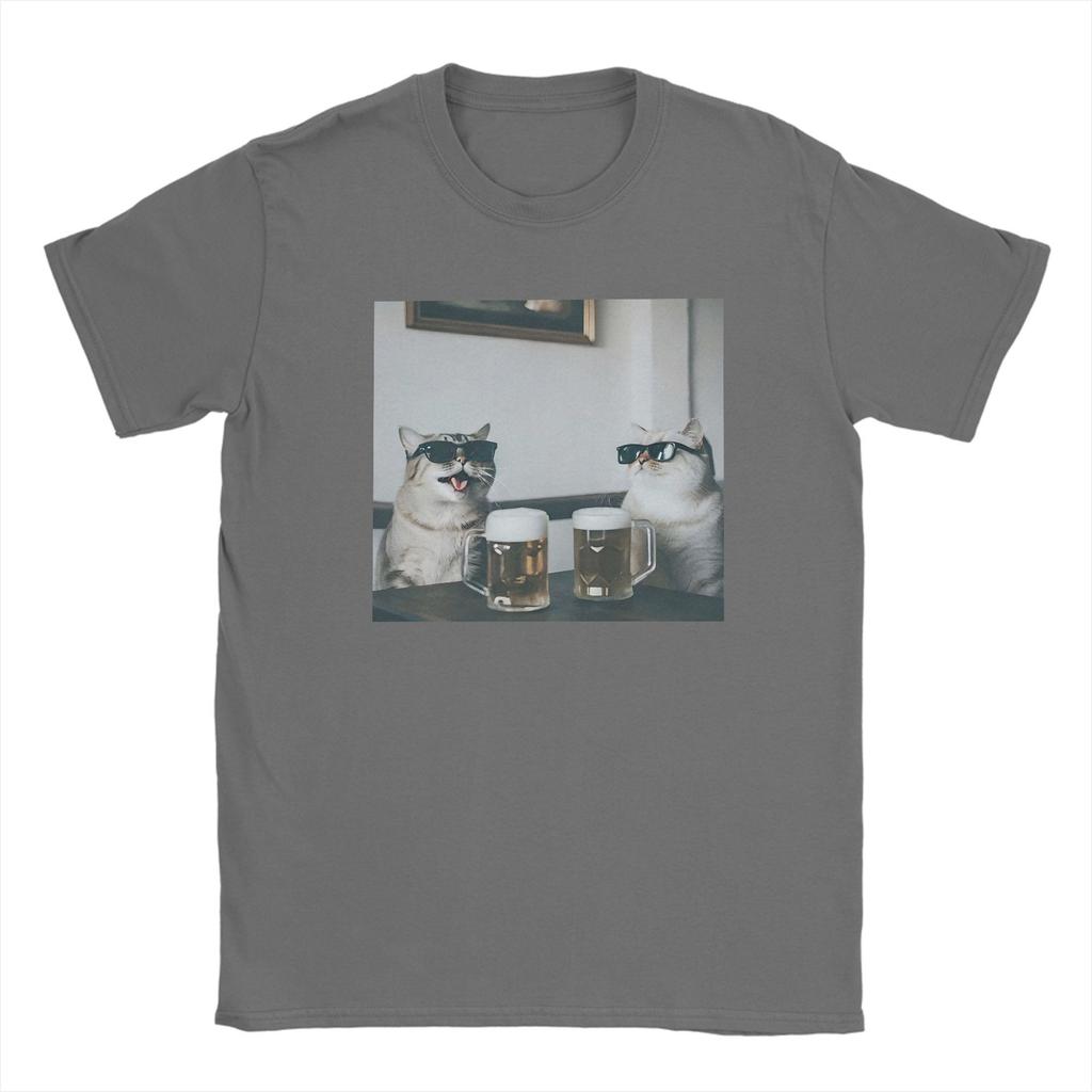 Funny Cool Cat Drinking Beer T Shirt Men Pure Cotton Hipster T-Shirt Round Collar Tees Short Sleeve Clothes Plus Size